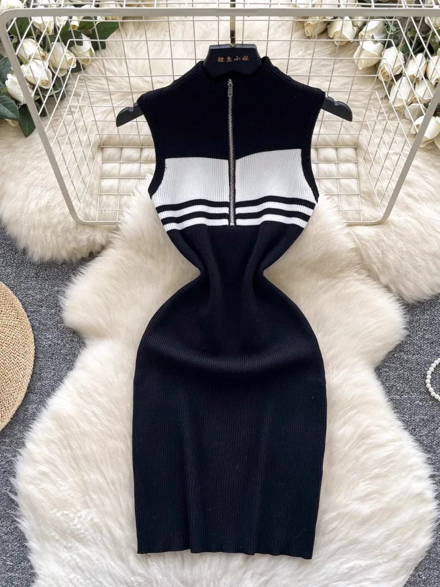 Foamlina Fall Striped Knit Sleeveless Dress Women's 2025 New Elastic Slimming Bodycon Vest Sweater Dress for Autumn