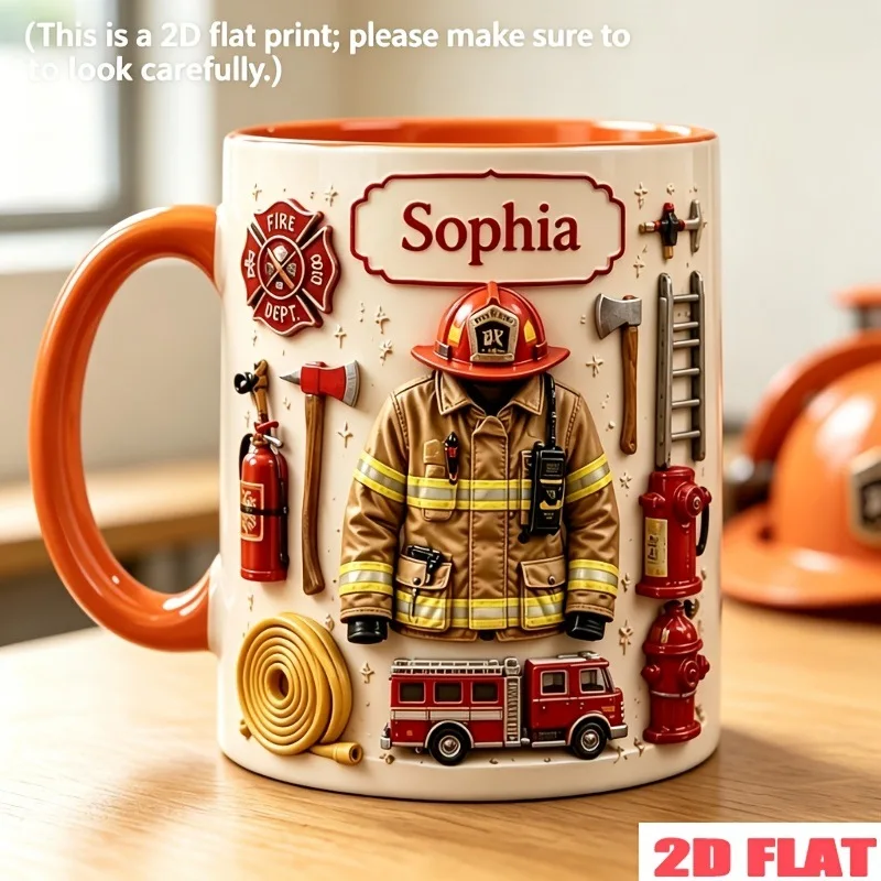 Gepersonaliseerde keramische koffiemok met brandweerthema, 2D platte print, met een naam erop, een leuk cadeau voor een brandweerman.