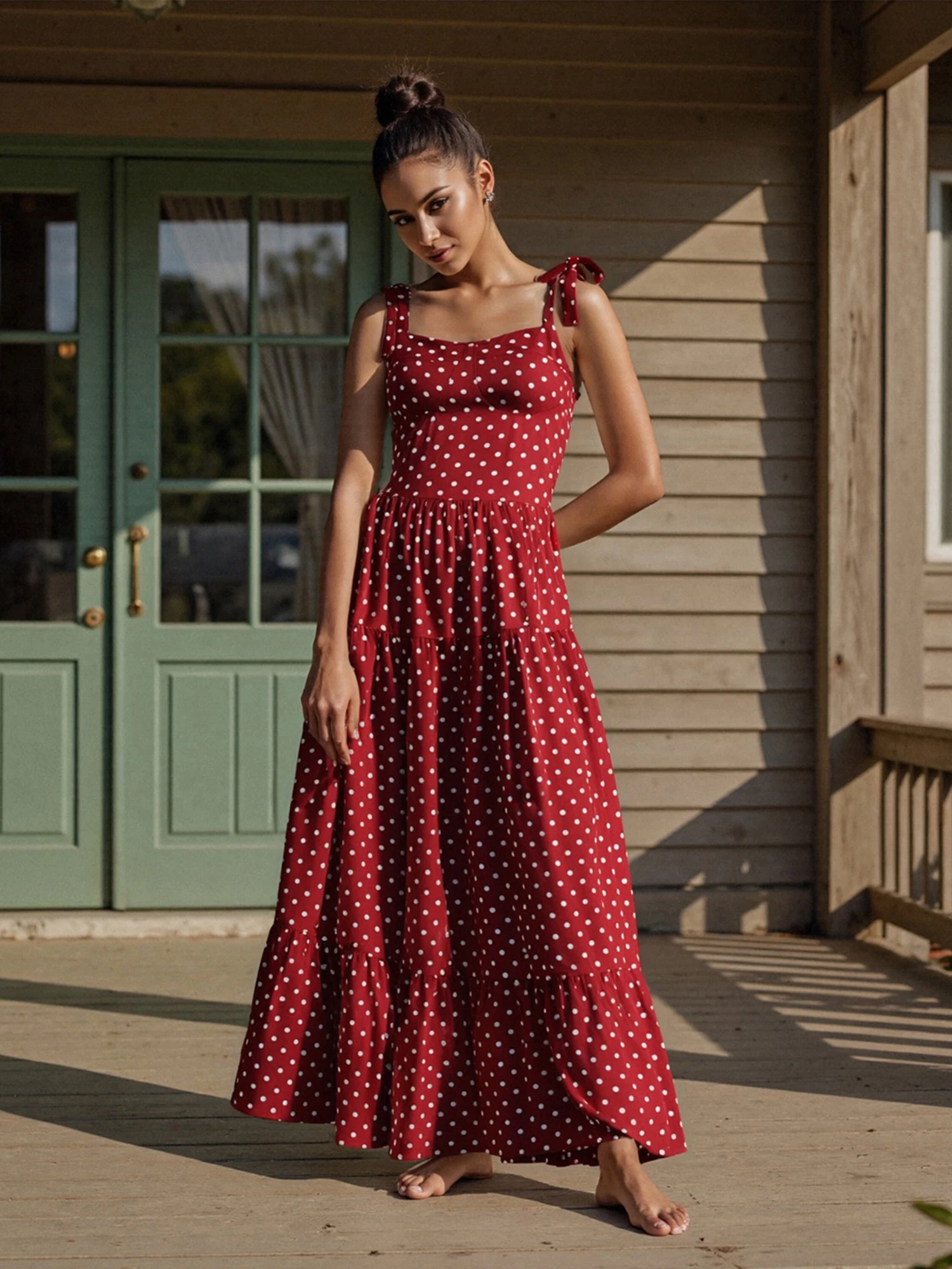 Women s Polka Dot Print Sleeveless Maxi Dress with Tie-Up Straps Summer Fashion Casual Cami Dress for a Stylish Look