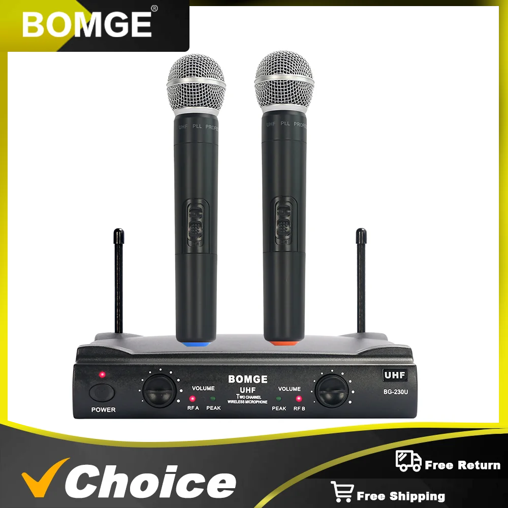 BOMGE 230U UHF Wireless Dual channel Professional Cordless microphone system for H for Home Party, KTV, Meeting, Wedding, Church