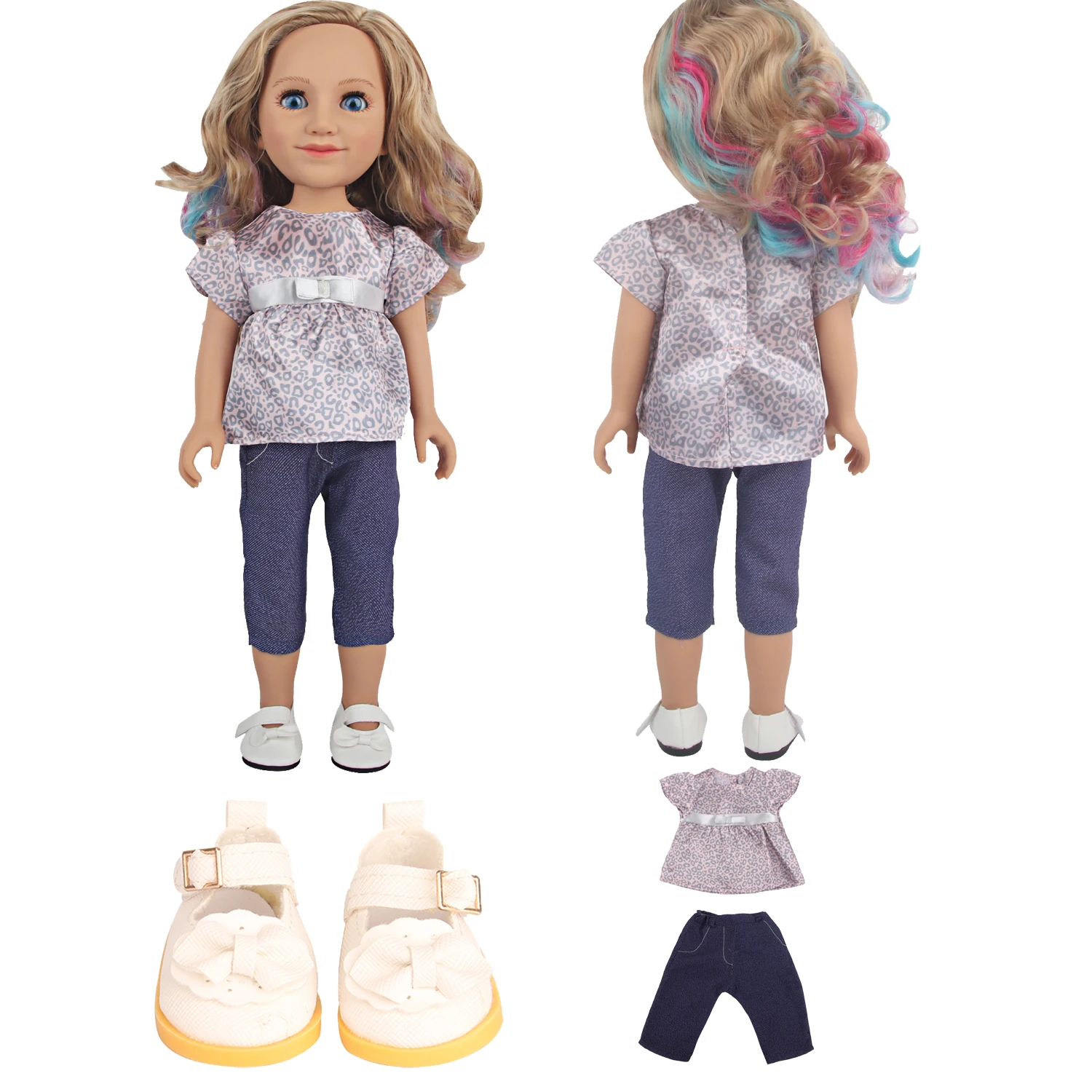 

14-дюймовая футболка с леопардовым принтом + джинсовый комплект одежды для американской куклы, одежда для куклы 30-35 см, хлопковая кукла Нэнси Лизы