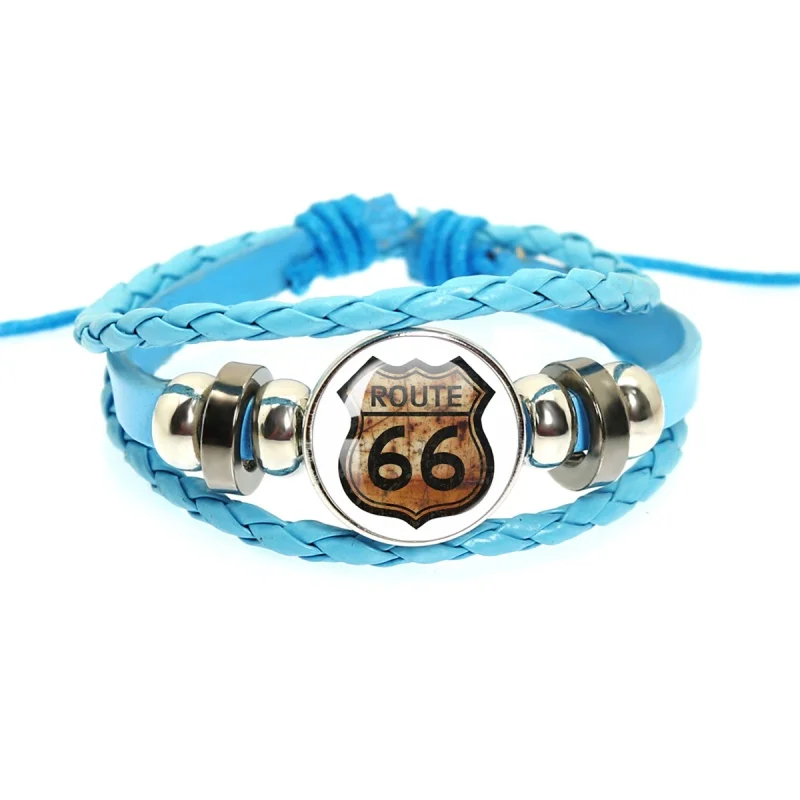 US Route 66 Leather Bracelets Signs18mm Multilayer Braided Blue Bracelets Bangles Handmade Jewelry