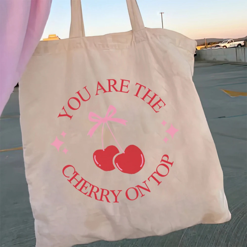 1pc Cherry Patterned Handbag Aesthetic Tote Bags Canvas Bag Fruit Cute Shopping Bags Canvas Shoulder Bag Women Students Eco Shop