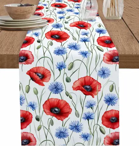 4th of July Flowers Linen Table Runner Holiday Party Decor Patriotic Red Blue Poppy Floral Table Runners for Kitchen Table Decor