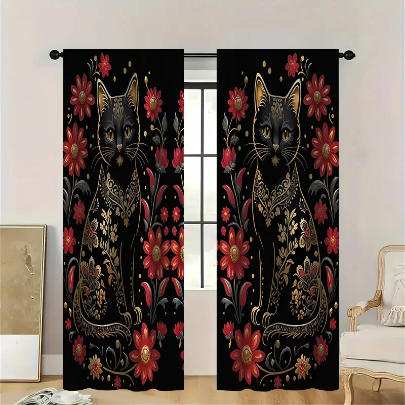 2pcs Gothic Black Cat Curtains, Red Floral on Black Sheer Light Filtering, Mysterious Dramatic Window Decor for Living Room