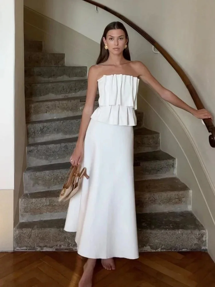 

White Elegant Strapless Evening Dress Women Off Shoulder Ruched Long Verstido 2025 Party Dinner Prom Dresses Temperament Dress