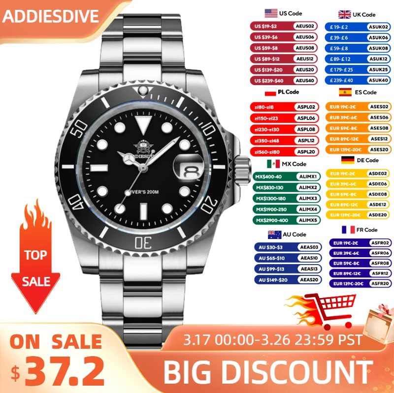 ADDIESDIVE Men's Quartz Wristwatch 316L Stainless Steel Ceramic Bezel Super Luminous 200meters Diving Watch Relógio De Quartzo