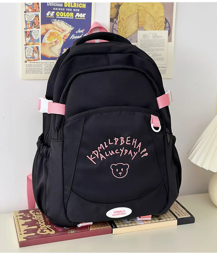 Sweet Girls Backpack Cute Bear Letter Embroidery Design Large Capacity Multi Pocket Schoolbag Lightweight Casual  Rucksack