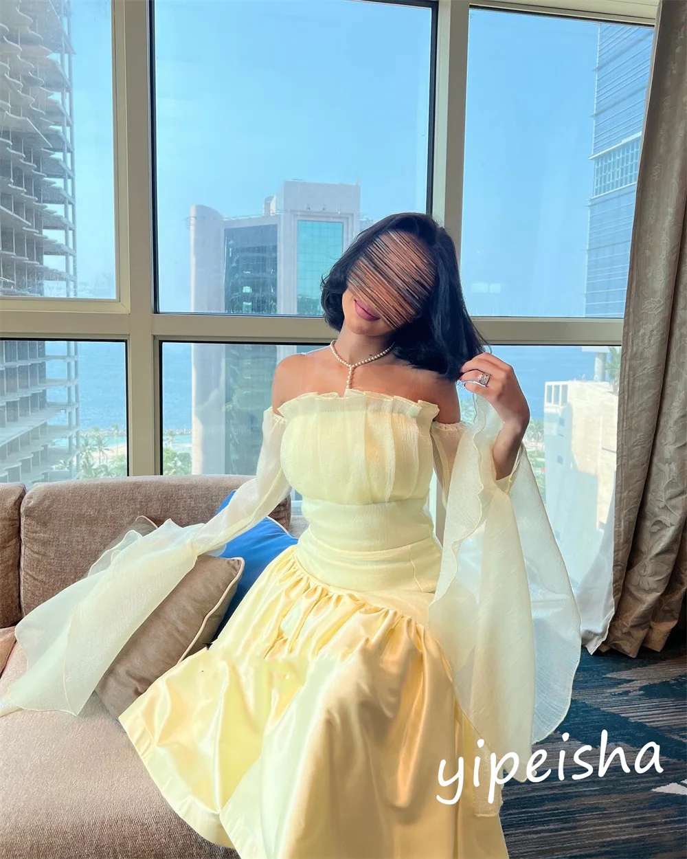 Ball Dress Saudi Arabia Prom Satin Draped Wedding Party A-line Off-the-shoulder Bespoke Occasion Gown Knee Length Dresses