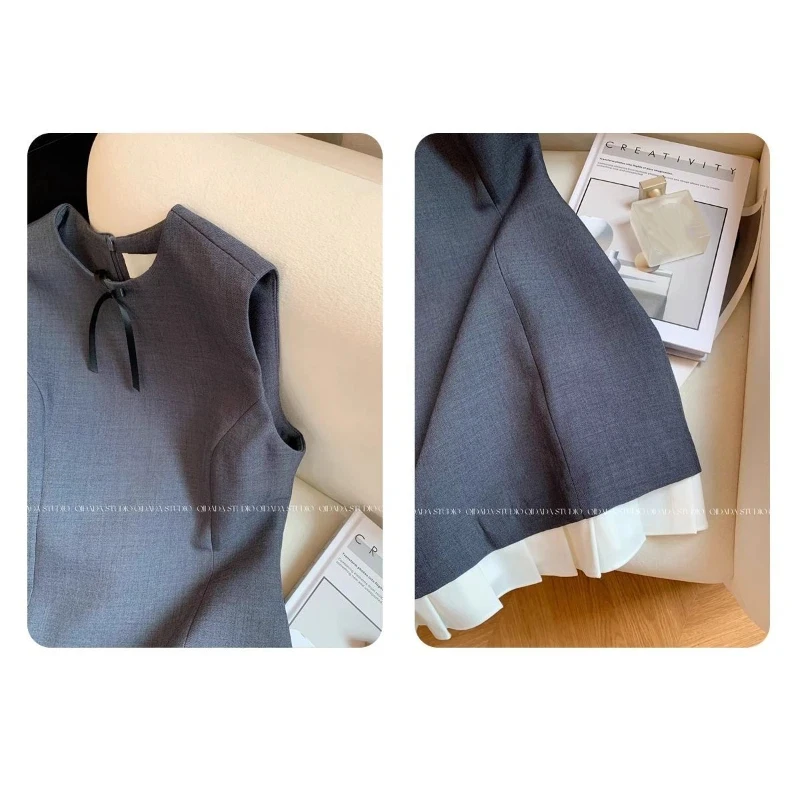 Abito senza maniche con temperamento a vita elegante alla moda grigio di alta qualità Autunno Nuovo abito casual a trapezio