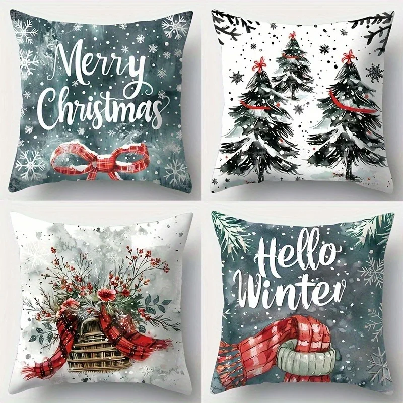 

Очаровательный зимний рождественский комплект наволочек, акварельный снежинка и клетчатый узор, декоративный чехол для домашнего дивана, спальни