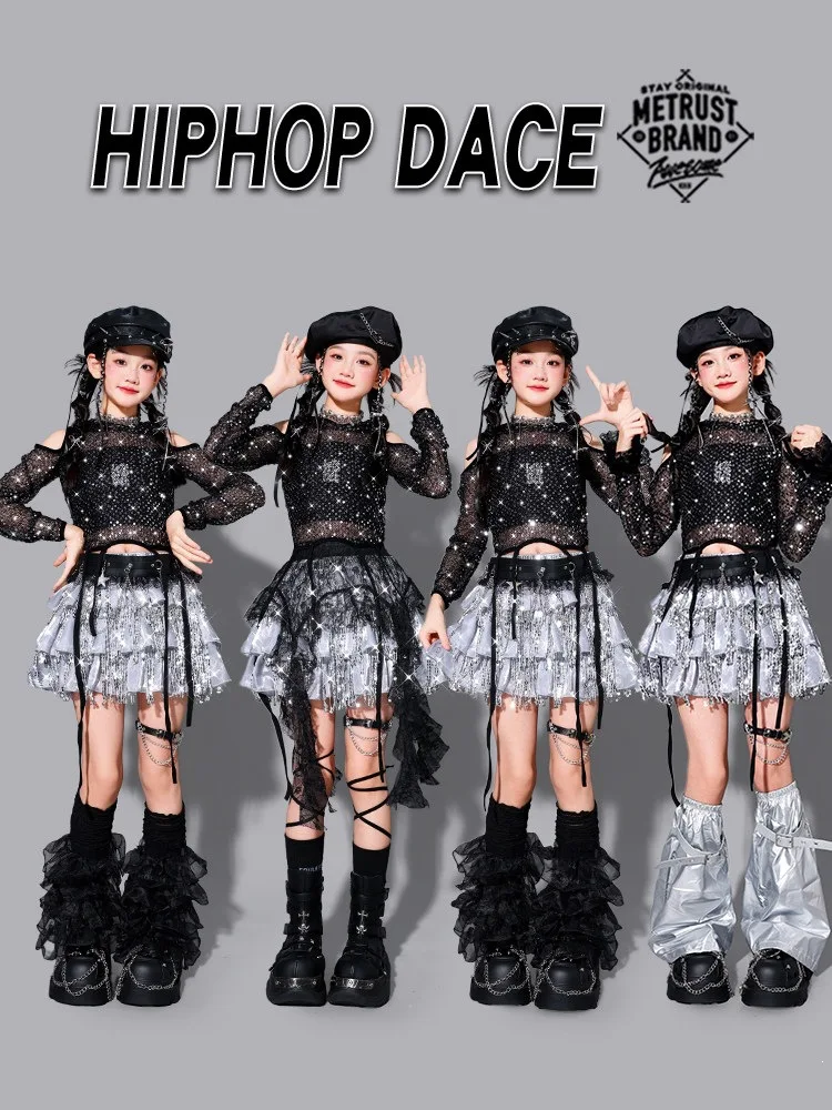 Girls K-pop Sequin Crop Top Street Dance Fringed Skirt‌ Clothes Sets Kids Hip Hop Shiny Costumes Children Girl Group Streetwear