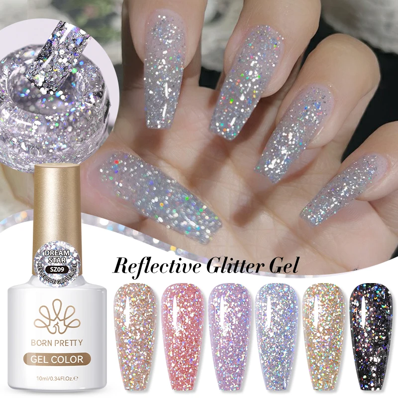 BORN PRETTY 10ml Champagne Silver Glitter Reflective Nail Gel Polish Sparkling Holographics Semi Permanent UV Gel Nail Art Gel