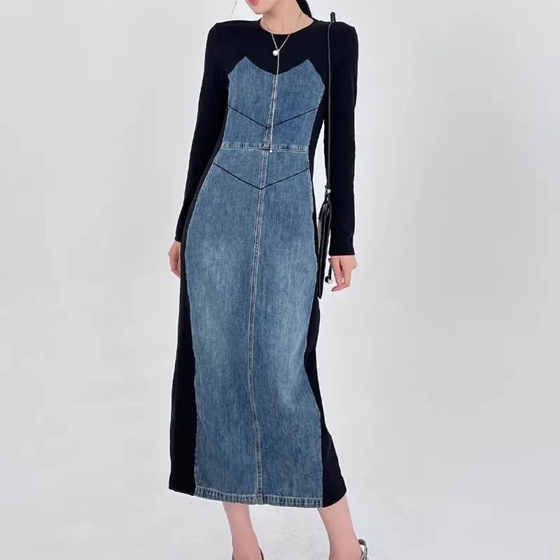 

Long Sleeve Spliced Denim Jean Dress Black Slim A-Line Retro Elegant Autumn Spring Office Lady Women Commuter Split Denim Dress