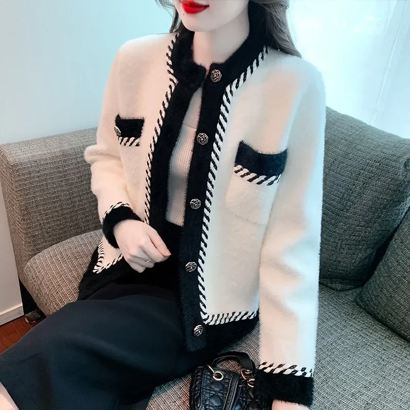 2023 Women Full Sleeve Short Coats Single Breasted Pockets Print Striped Splice Casual Regular Knitted Cardigan Autumn Winter