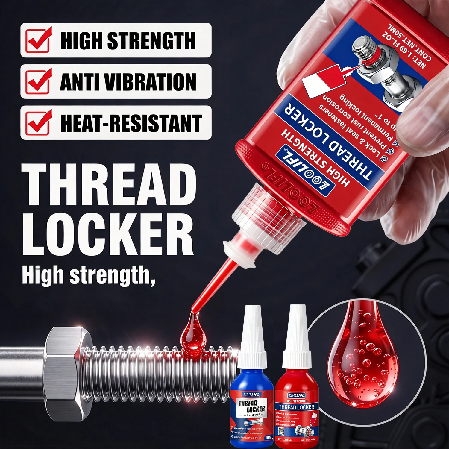 50ml Threadlocker 271 Red High Strength Nuts-Bolts Locker Screw Adhesive Lock Tight Seal Fasteners Anaerobic Curing Metal Glue