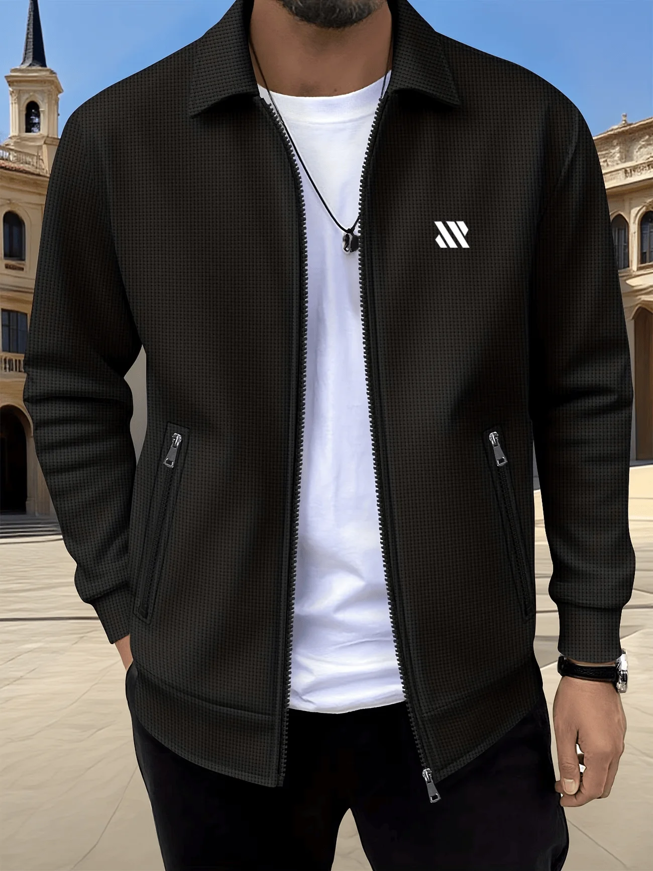 Men's casual lapel zip-up cardigan coat, stylish breathable waffle printed jacket, versatile top for outdoor sports