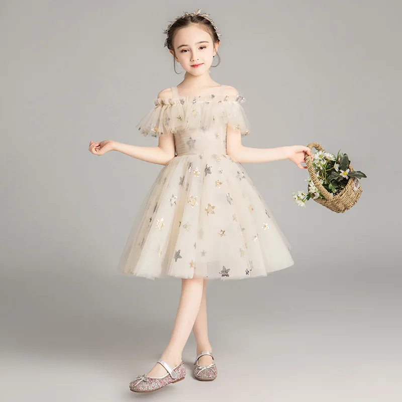 Kids Luxury Dresses for Girls 3 To 12 Years Long Party Gowns Star White Evening  Dress Formal Weddings Prom Vestidos Flower Child