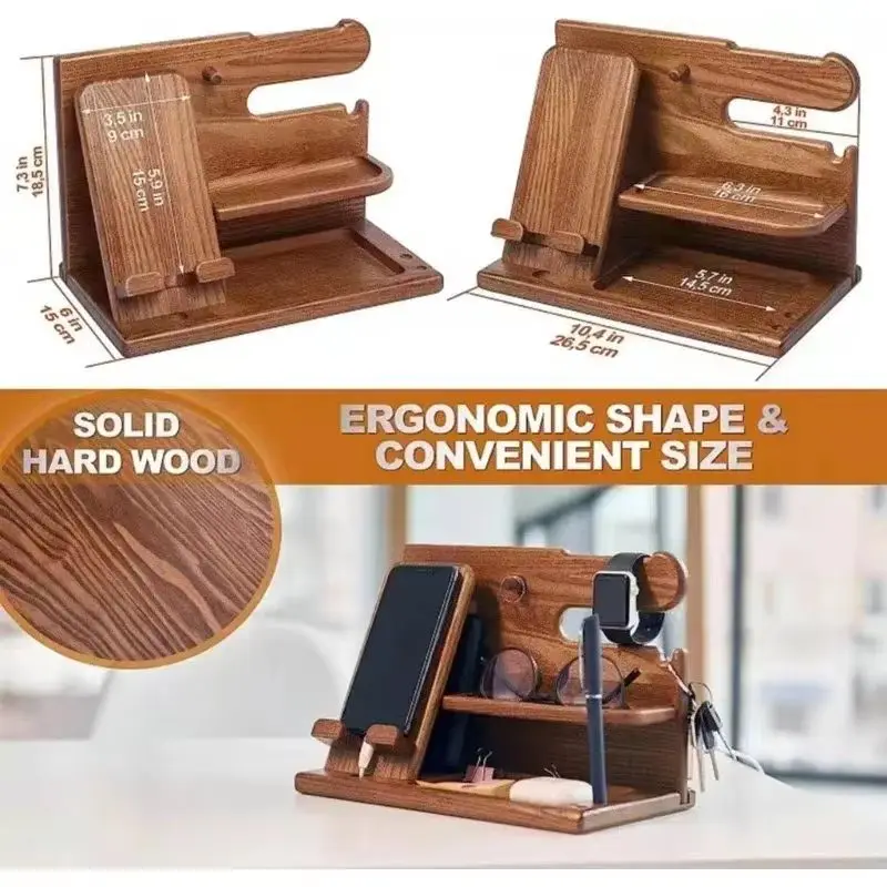 Wooden Bedside Wood Phone Docking Station Holder Wallet Stand Watch Storage Rack Multifunctional Desktop Jewelry Packaging