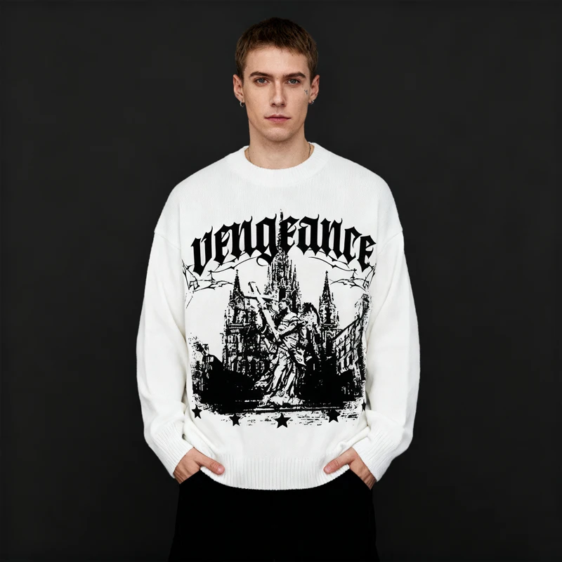

Y2k oversized knitted sweater with Gothic "revenge" pattern print, unisex avant-garde streetwear aesthetic top
