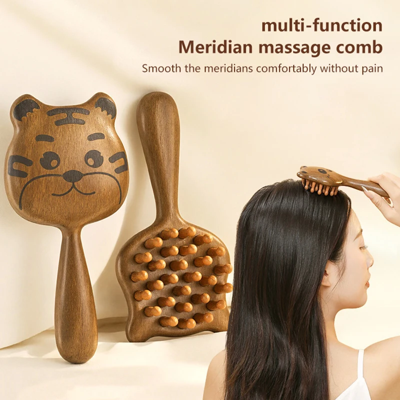 Cartoon Tiger Panda Sandalwood Massage Comb Meridian Blood Dredging Massage Care Scalp Anti-Hair Loss Hairdressing Tool