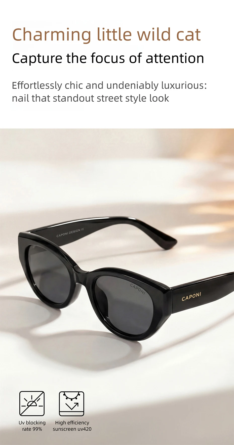 CAPONI Polarisierte Damen-Sonnenbrille mit Katzenaugen-Design, EMS-TR, Outdoor-Mode, Vintage-Design, Marken-Sonnenbrille, UV400, schwarzer Farbton, CP36029 – Detail 6