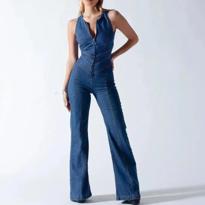 Fashionable High-Waist Backless Hollow out Sleeveless Jumpsuit Women's Slim Fit Street Style Long Pants Casual Pants