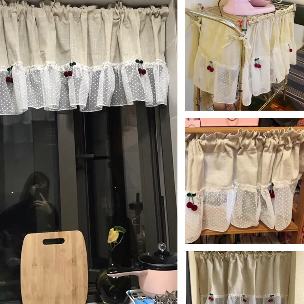 1Pcs Cotton Linen Lace Half Curtain Short Cherry Design Rural Style Window Curtain 170x60cm White for Kitchen Living Room