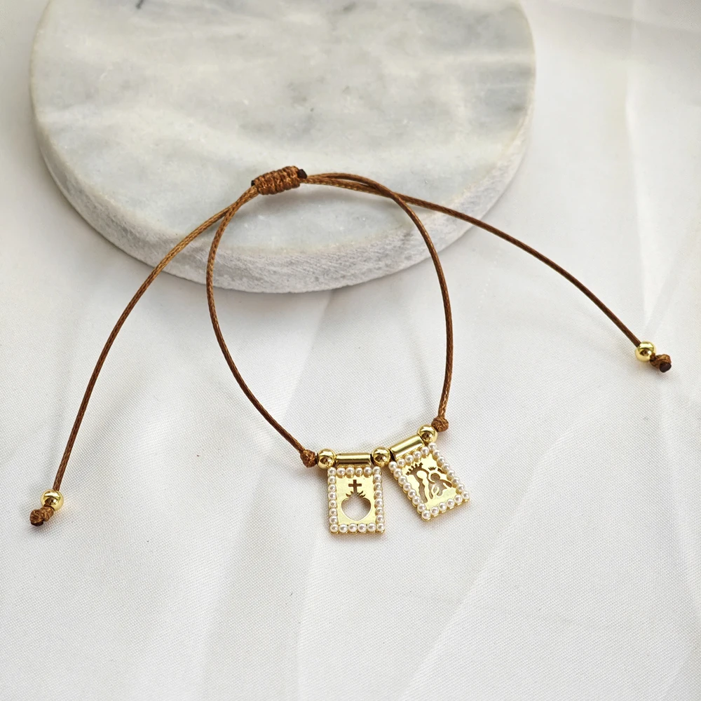 

5 pcs/lot Best-Selling Scapula Charms Bracelets Gold Plated Brass Pearl Religious Pendant Thread Adjustable Bracelet For Women