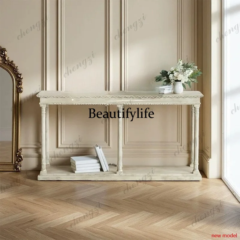 Asmt114French white old solid wood entrance table, living room, porch table, American corridor foyer cabinet