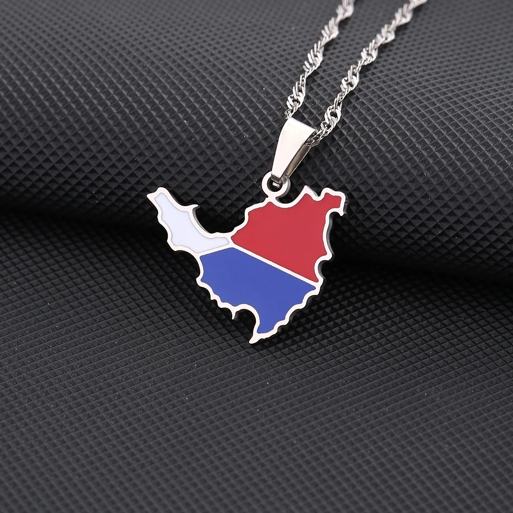 New Enamel Drop Oil Sint Maarten & Saint-Martin Island Map Flag Pendant Necklace For Women Girls Stainless Steel Ethnic Jewelry