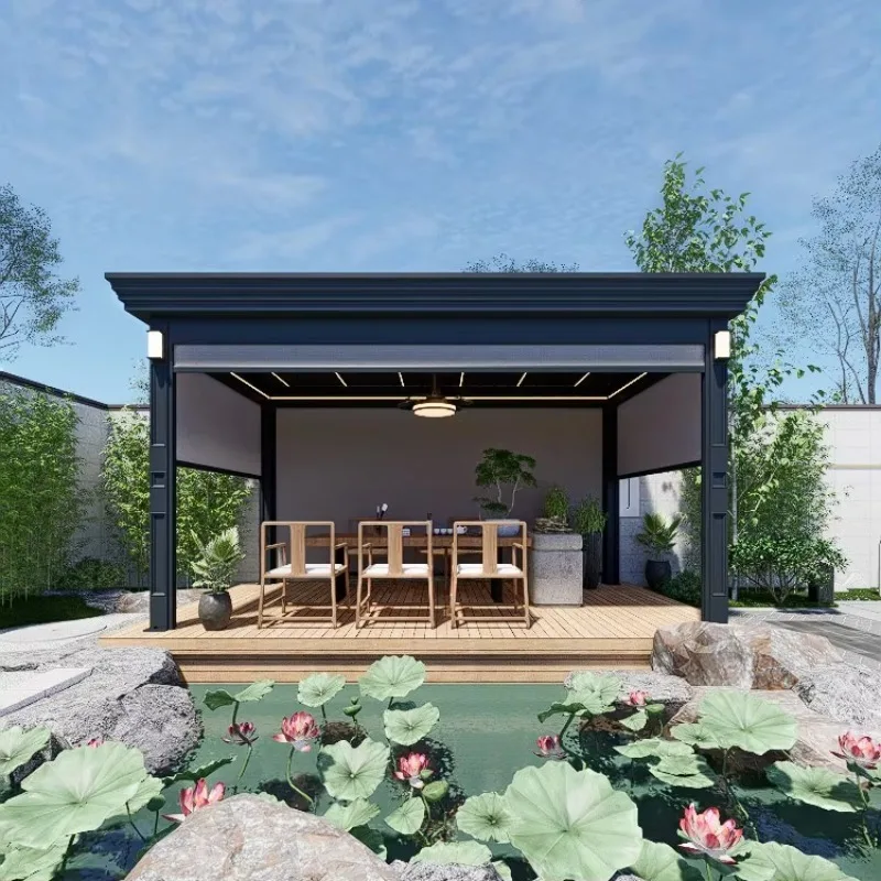 Modern Bioclimatic Motorized Retractable Aluminium Alloy Pergola Gazebo Pavilion Adjustable PVC Wood Frame for Outdoor Garden