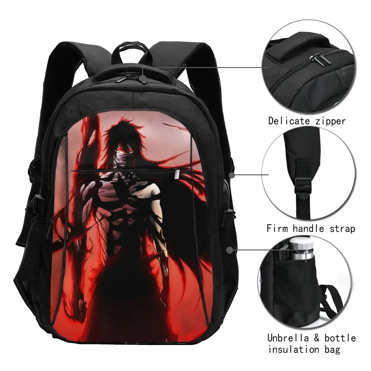 Anime BLEACH Kurosaki Ichigo Mochila para laptop de viagem, mochila para laptop resistente à água comercial com porta de carregamento USB Bolsa universitária