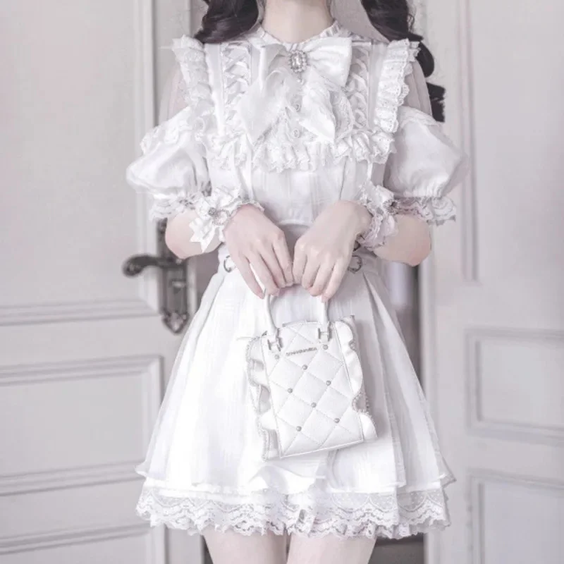 

Y2K Bow Lace Dresses Summer Sweet Department College Off Shoulder Contrasting Cinched Waist Dresses Versatile 2 Piece Set New