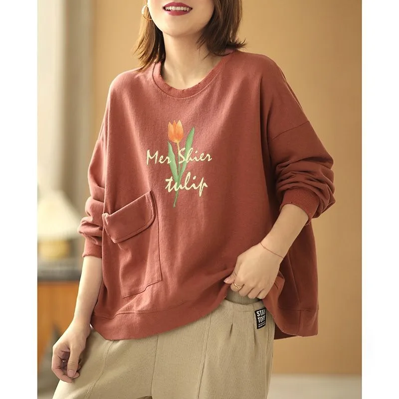 

Femme Spring Autumn Korean Simplicity Printing Solid Color O-neck Sweatshirts All-match Appear Thin Pocket Long Sleeve Pullovers