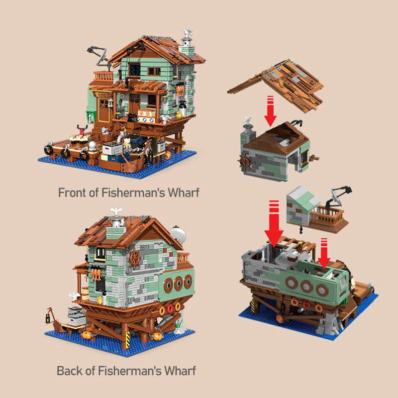 Creative Fishing Village Store House Mini Bricks Building Toys Ideas Fisherman\'s Wharf Restaurant Architect For Adult Kids Gifts