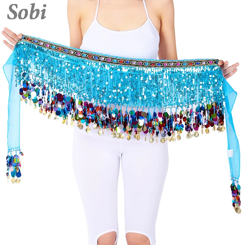 Sequins Tribal Belly Dance Hip Scarf Adult Women Glitter Tassel Hip Waist Skirt Oriental Dance Fringe Hip Belt with Rhinestones