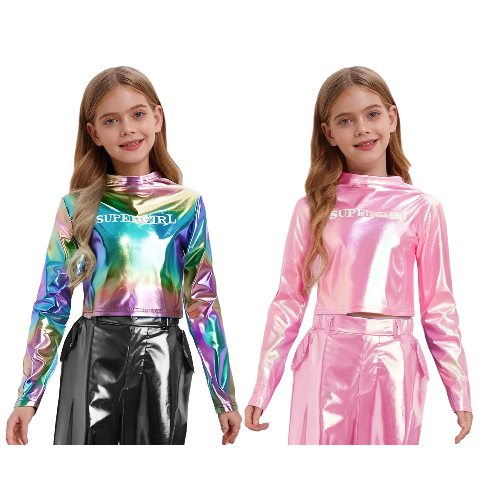 เสื้อครอปแขนยาวพิมพ์ลายตัวอักษรสำหรับเด็กผู้หญิง แนวฮิปฮอป แจ๊สแดนซ์ คอทรงกลม แต่งกลิตเตอร์ สำหรับการแสดง