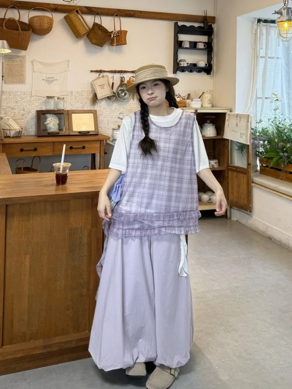 

plus Size Women's Sweet Style Layered Vest T-Shirt High Waist Loose Wide Leg Casual Pants Trendy Summer Fashion Set