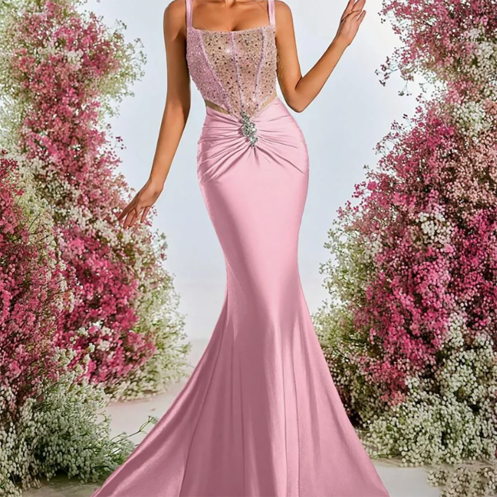 クラシックビーズノースリーブプリーツスパンコールレースアップマーメイドフォーマルイブニングドレス誕生日パーティーウエディングドレスカスタマイズ