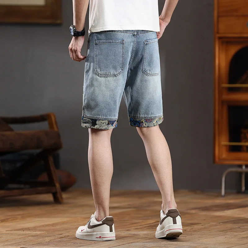 High Street Denim Shorts Men's Trendy Scratch Versatile Summer Thin Loose Elastic Light Blue Trendy Brand Embroidered Shorts