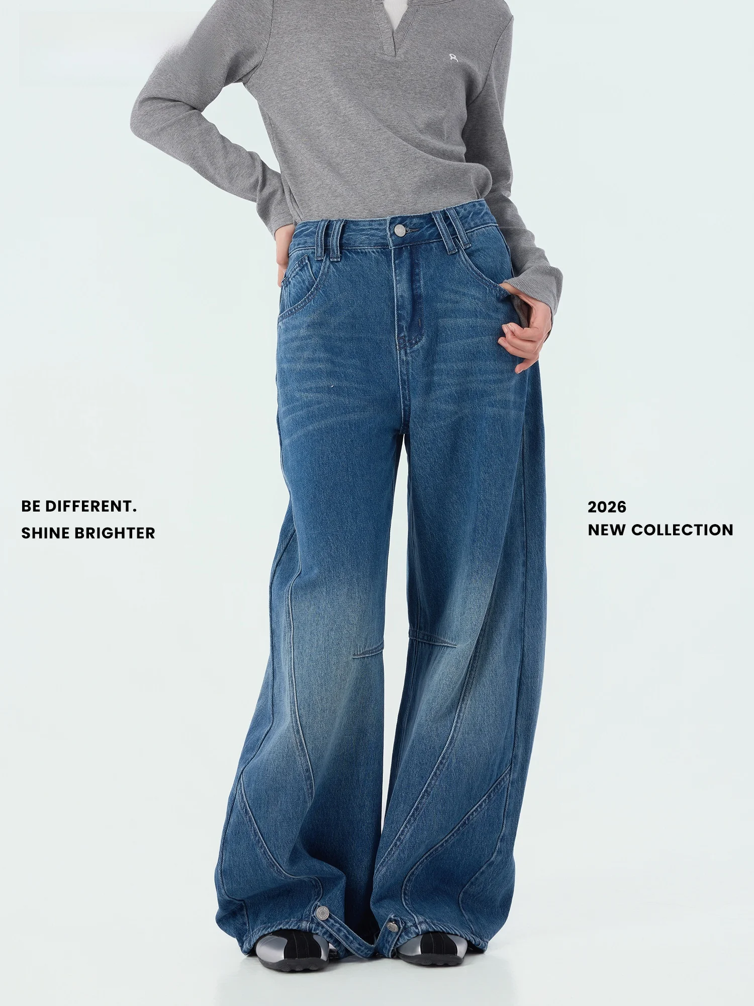 

Джинсы с высокой талией и широкими штанинами в стиле ретро, синие, весенняя новинка, женские, хлопковые, на пуговицах