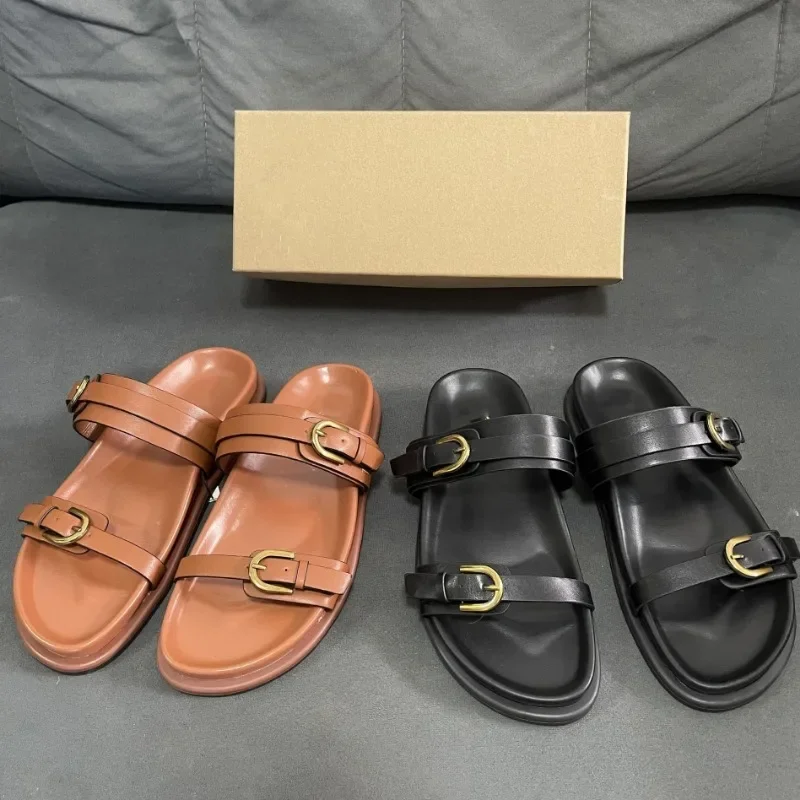 Summer Brand Women's Beach Sandals Flat Bottom Holiday Designer Sandalias Mujer Soft PU Leather Belt Buckle Female Shoes