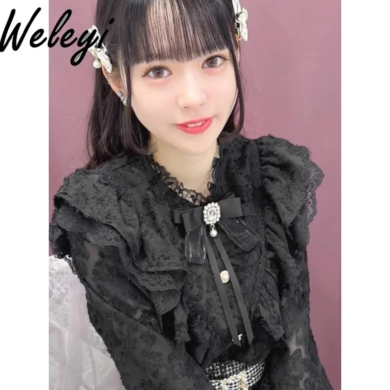 

Sweet Japanese Lolita Black Top Poleras Girly Style Fashion Spring autumn Trendy Cute V Shaped Pleated Feather long sleeve Shirt