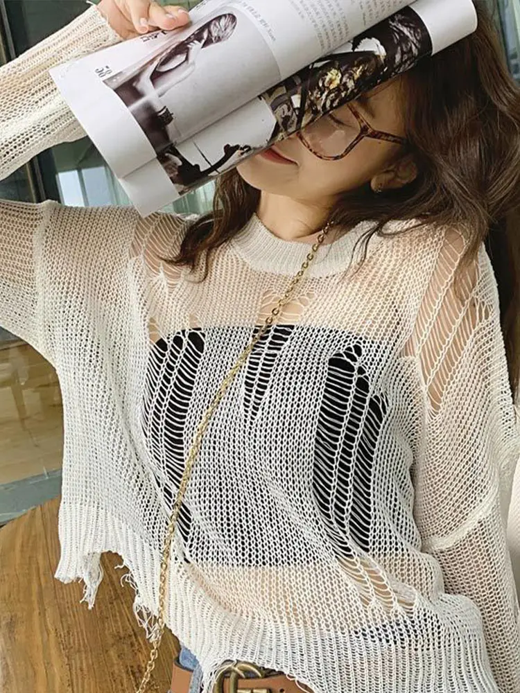 Thin Sweater Women Pullover Gothic Hollow Out Hole Broken Streetwear Destroyed Ripped Sweater Korean Fashion Long Sleeve Tops