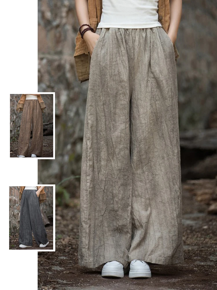 

Retro High-End Faded Pleated Color Straight Wide Leg Pants plus Size Women's High Waist Drapey Casual Long Trousers