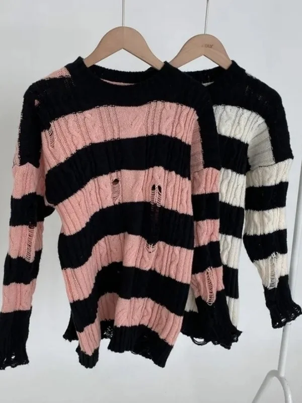 

Bla Striped Knitted Sweater Women's Overhead Long Sve T-irt Hole Design Middle Length Commute Sle Slim Fit Knitwear