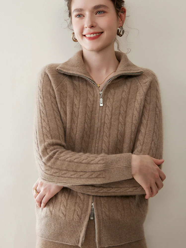 Sweter damski LOML ze 100% kaszmiru, rozpinany na podwójny zamek, golf, gruby sweter-płaszcz, miękki, dzianinowy w warkocze, wygodny top na jesień i zimę.