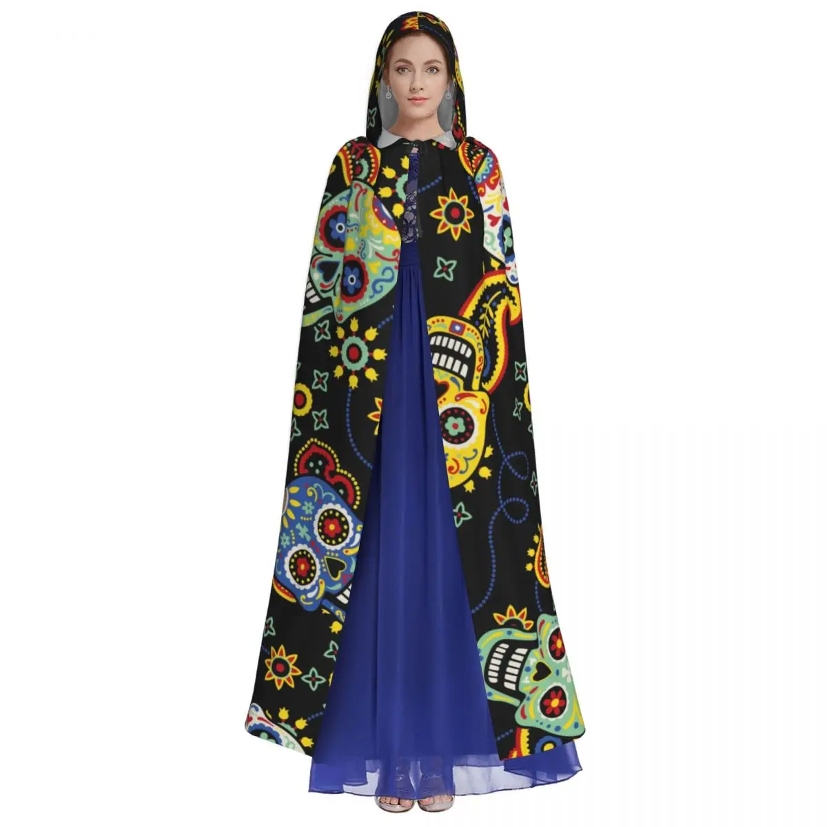 Adult Halloween Cute Day Of The Dead Skulls With Bandana Paisley Cloak Cape Hooded Medieval Costume Full Length Dress Coat