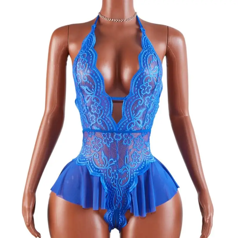 

Сексуальное женское боди-комбинезон One Piece с открытой спиной, прозрачное, синее, кружевное, в стиле экзотического белья, с глубоким V-образным вырезом и вырезами, в стиле тедди.